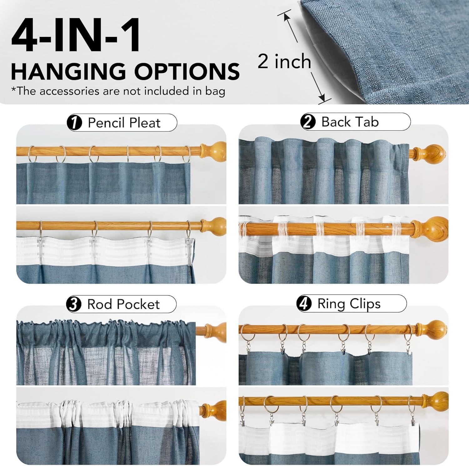 Deconovo Semi-Sheer Linen Curtains – Light Filtering & Privacy Enhancing – Modern Textured Drapes with Back Tab & Rod Pocket – 2 Panels for Living Room, Bedroom & Patio, Blue, 40Wx95L