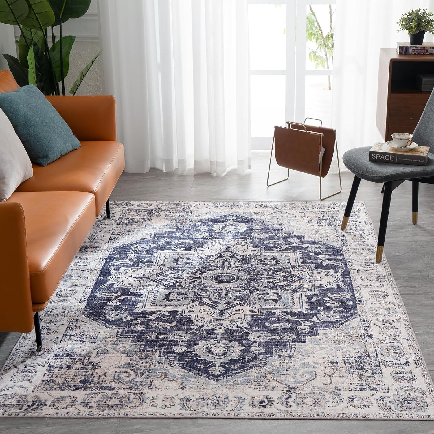 Washable Area Rug 5x7, Blue Rug for Living Room, Non Slip Low Pile Carpet for Bedroom, Dinning Room (Vintage Blue, 5'x7')