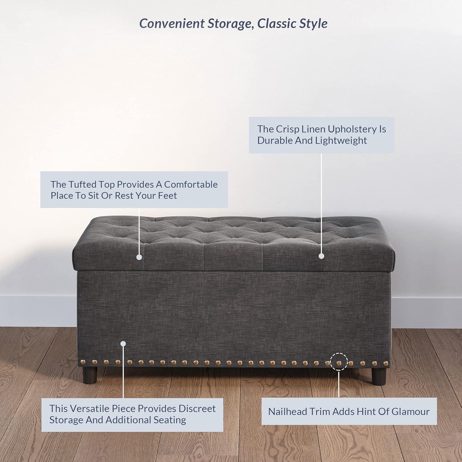 BELLEZE 35 Inch Storage Ottoman, Button-Tufted Ottoman Linen Storage Bench with Safety Close Hinge, Ottoman with Storage for Living Room, Entryway, Hallway, Foot Rest, Support 300lbs - Dark Grey