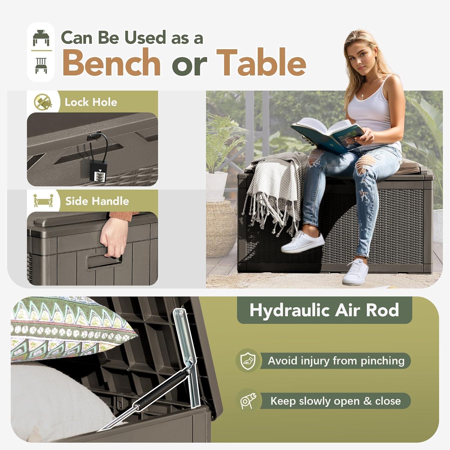 Flamaker Deck Box with Cushion 100 Gallon Waterproof Resin Storage Box with Air Rod Indoor Outdoor Lockable Storage Bench for Patio Furniture, Tools, Pool Accessories (Black)