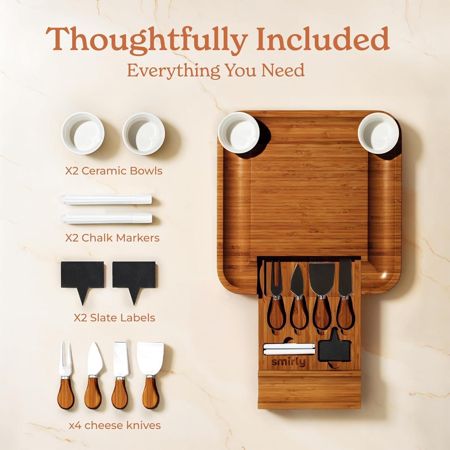 SMIRLY Charcuterie Board Set Large Bamboo Cheese Board with Fruit Tray & 2 Ceramic Bowls