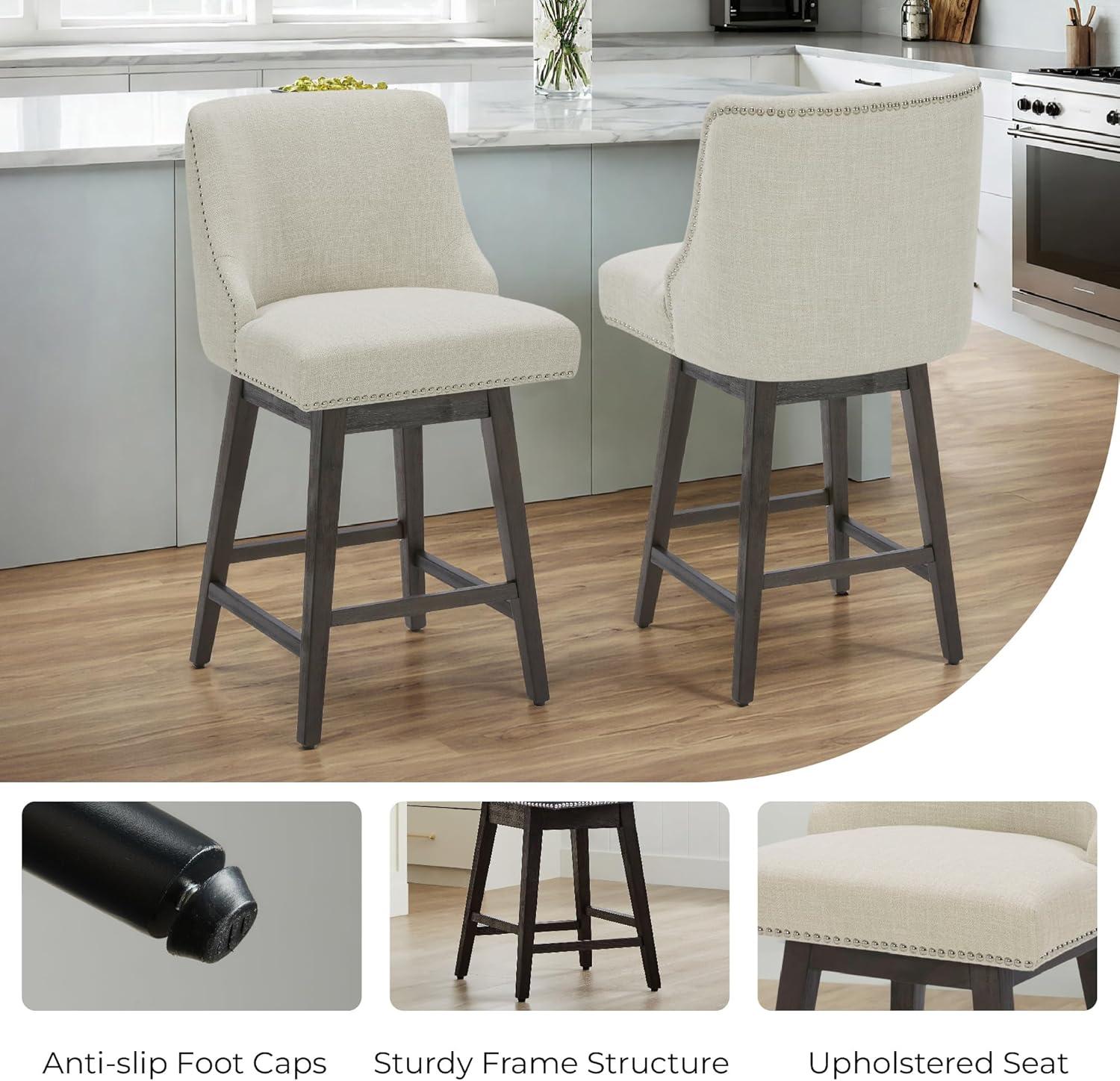 CHITA 26 inch Fabric Swivel Upholstered Counter Height Bar Stools with Full Back, Set of 2, Linen