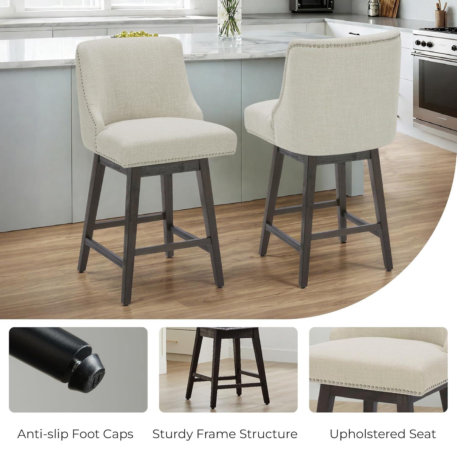 CHITA 26 inch Fabric Swivel Upholstered Counter Height Bar Stools with Full Back, Set of 2, Linen