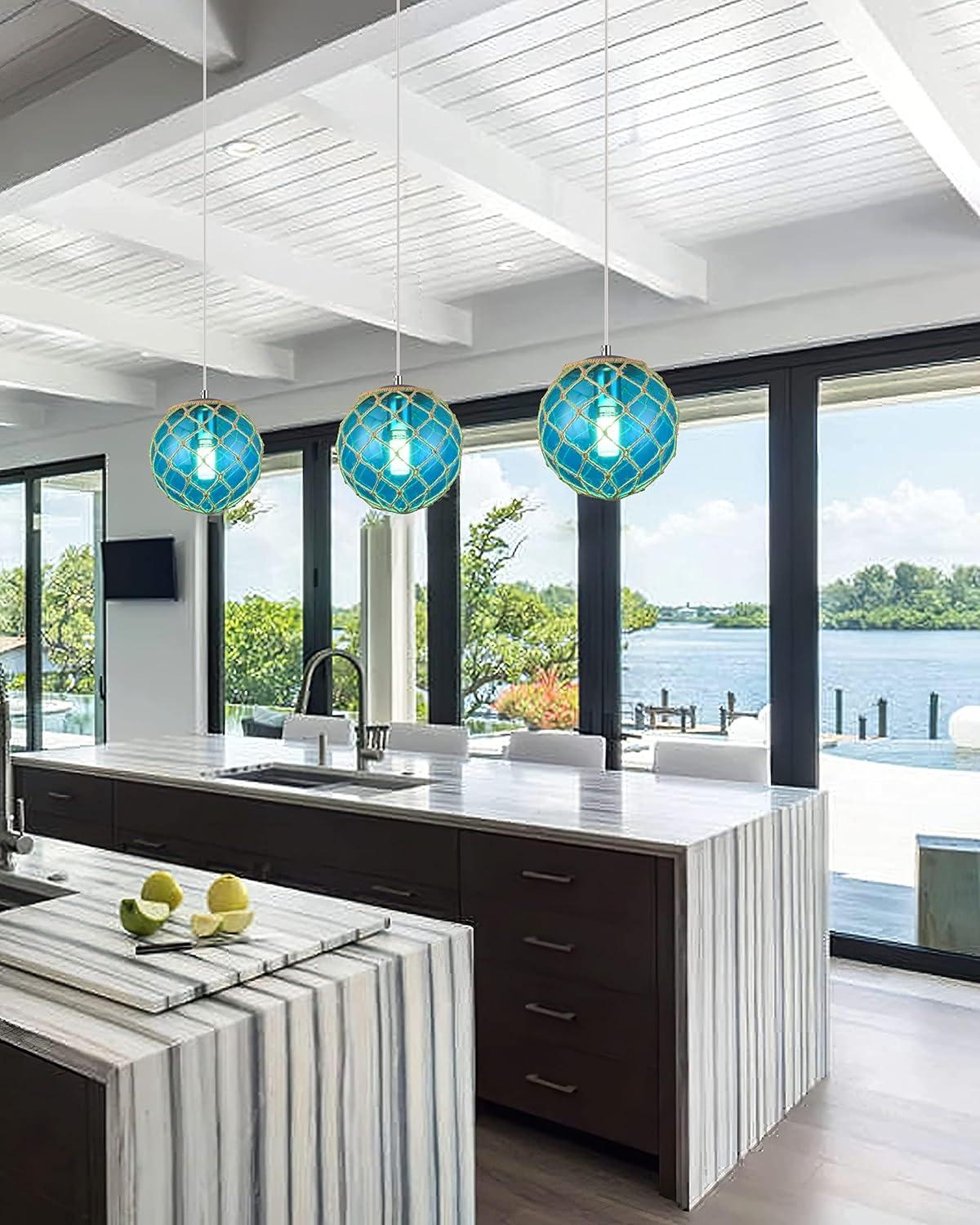 Blue Pendant Light Coastal Pendant Light Nautical Pendant Lighting Beach House Lighting Fixtures Ocean Lighting Fixture Coastal Hanging Light Fixtures Fish Float Glass Ball Lighting(Bulb Incl.