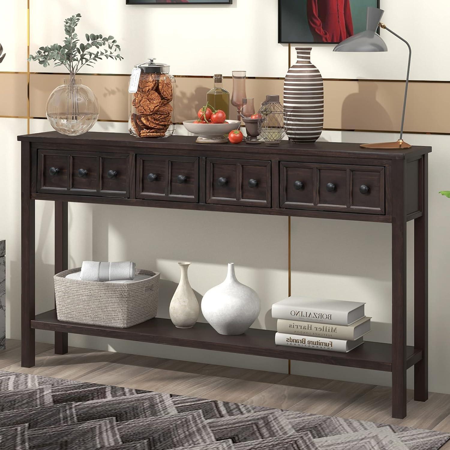 Rustic Entryway Console Table, 60" Sofa Table with Two Different Size Drawers and Bottom Shelf, Espresso-ModernLuxe