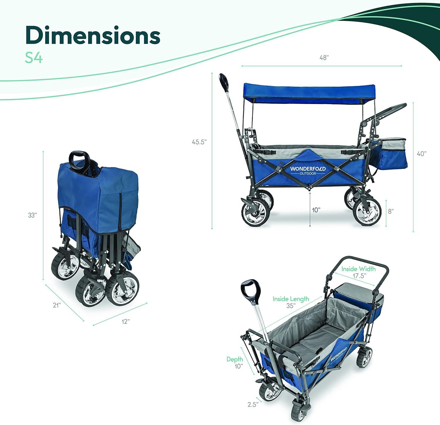 WonderFold Outdoor Wonderfold S4 Push & Pull Folding Wagon With Canopy & Brakes - Black