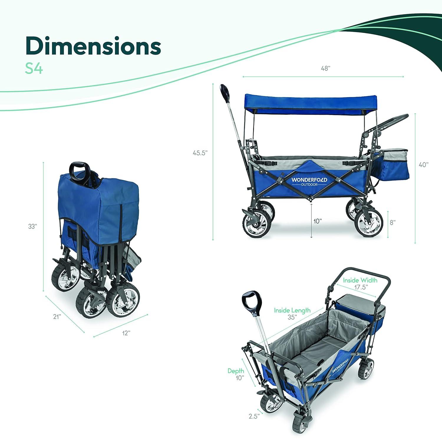 WonderFold Outdoor Wonderfold S4 Push & Pull Folding Wagon With Canopy & Brakes - Black
