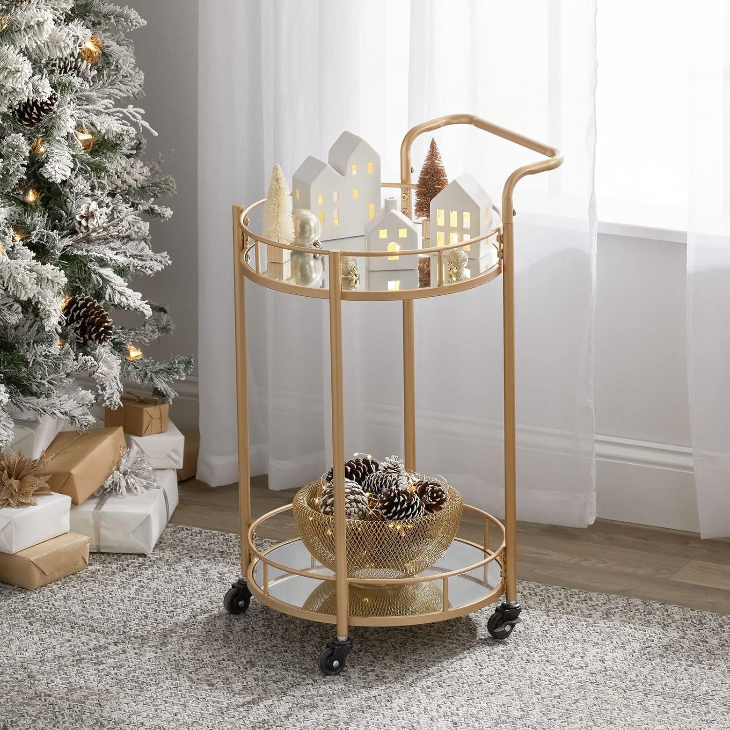 Soft Brass Round Metal Bar Cart with Glass Shelves