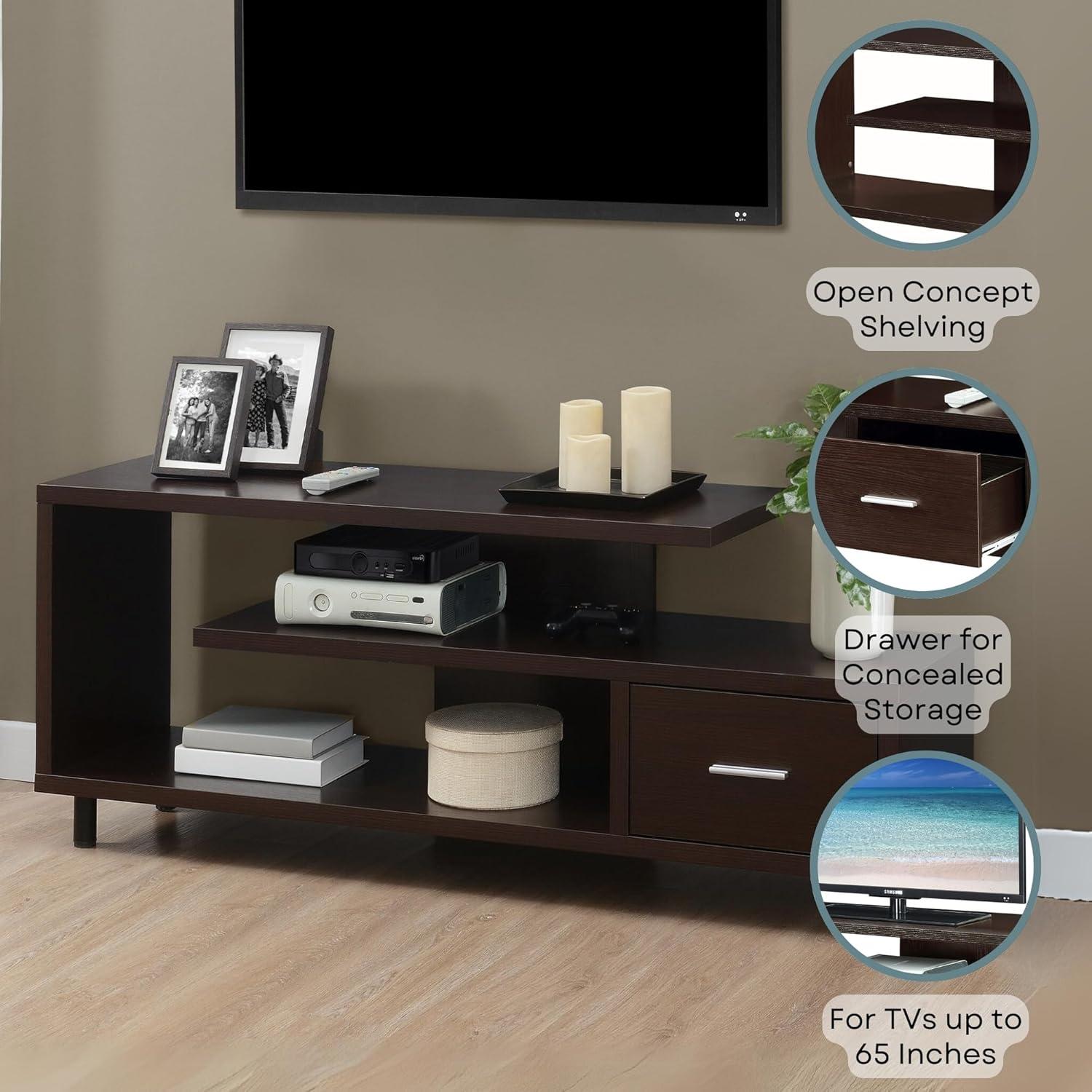 Convenience Concepts Seal II TV Stand 23.75" - 3-Tier Entertainment Center for TVs up to 65 Inches, Modern 1 Drawer TV Mount with Shelves for Living Room, Espresso