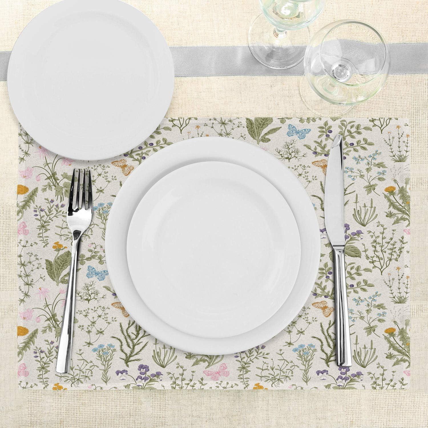 Ambesonne Floral Place Mats Set of 4, Vintage Garden Plants, Standard Size, Reseda Green Beige