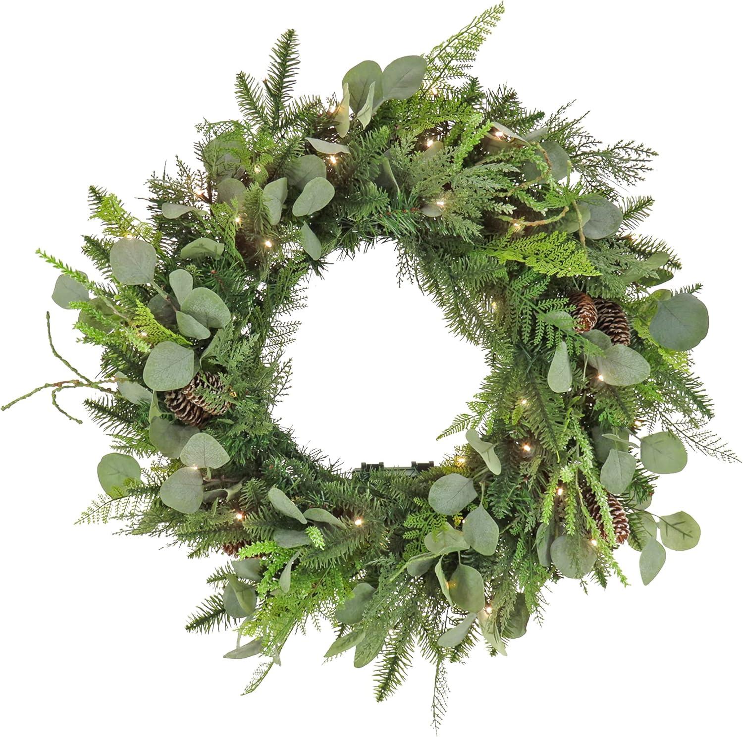 28'' Green Eucalyptus and Pine Cone Lighted Christmas Wreath