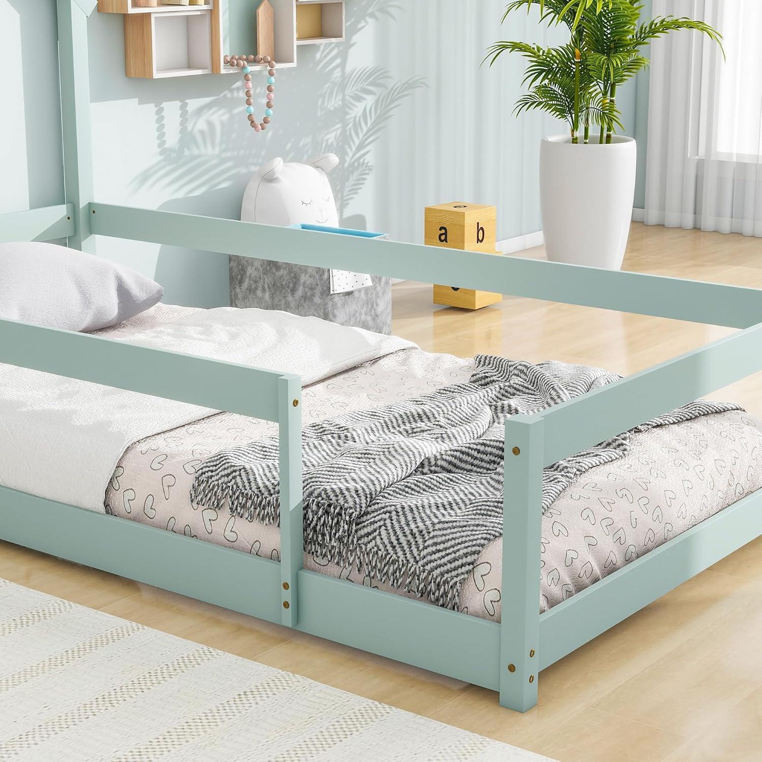 Kids Montessori Floor Bed, Twin Size Wooden Floor Bed Frame with Fences Guardrails and House Shape Headboard, Without Slats Support, Light Green