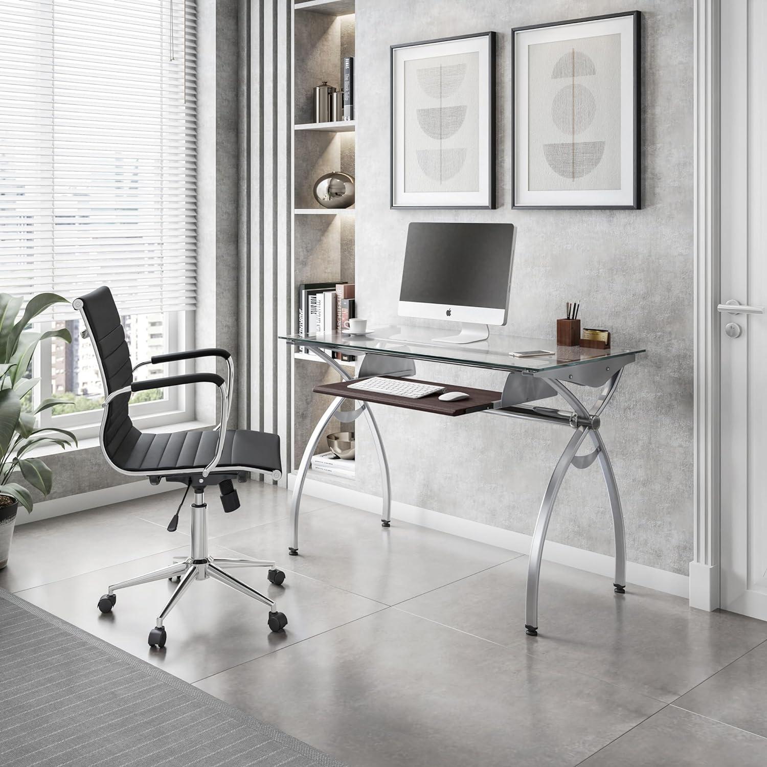 Contempo Clear Glass 43'' Office Desk with Aluminum Legs and Keyboard Tray