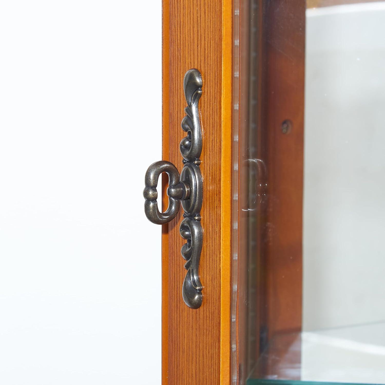 Lighted Curio Cabinet Wooden Corner Display Cabinet with Adjustable Tempered Glass Shelves Vintage Accent Storage Cabinet with Mirrored Back & Tempered Glass Doors, Oak