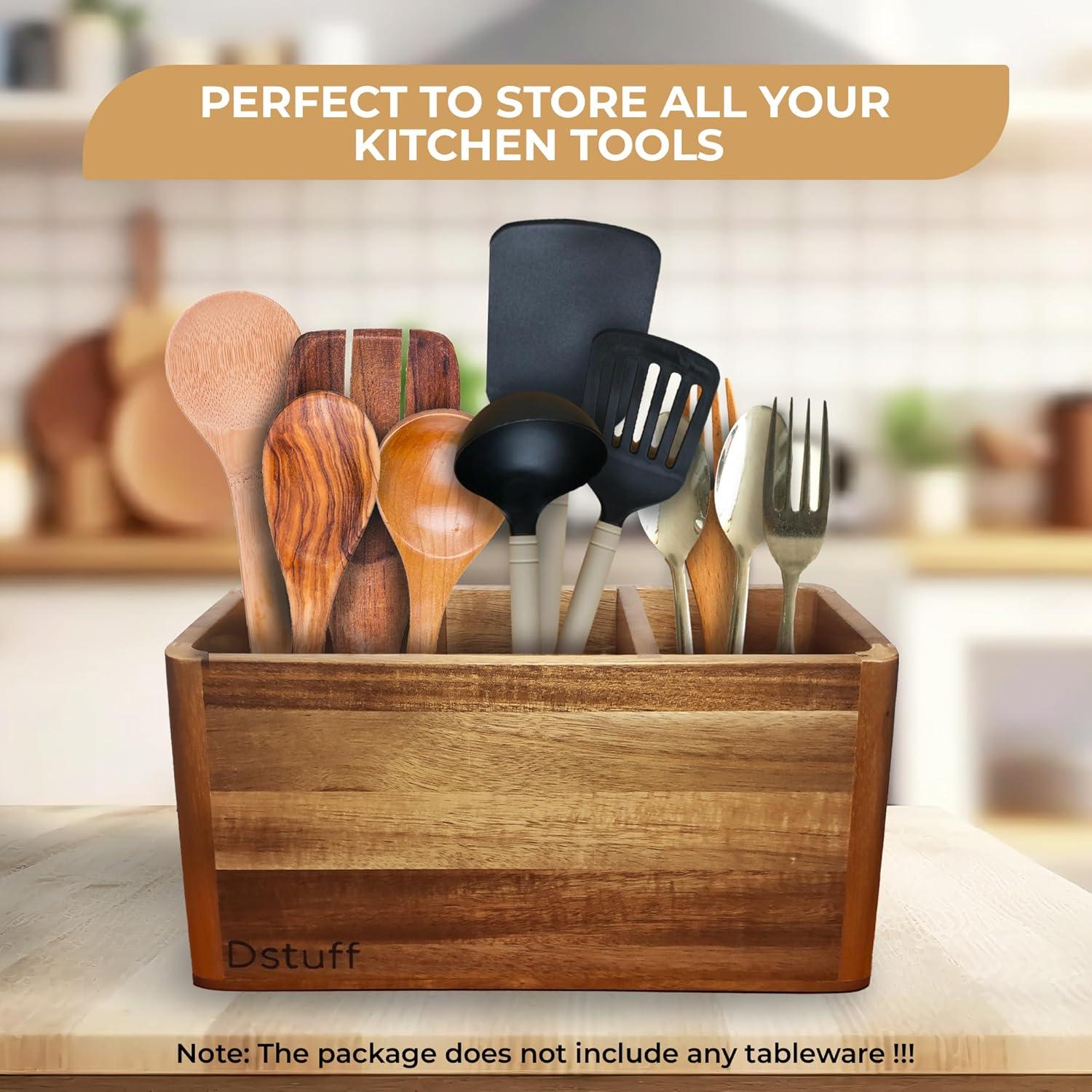 Large Kitchen Utensil Holder Organizer for Counter or Countertop, Large Wooden Utensil Holder for Storage Cooking and Silverware with 3 Compartment, Acacia Rustic Wood Container Extra Large