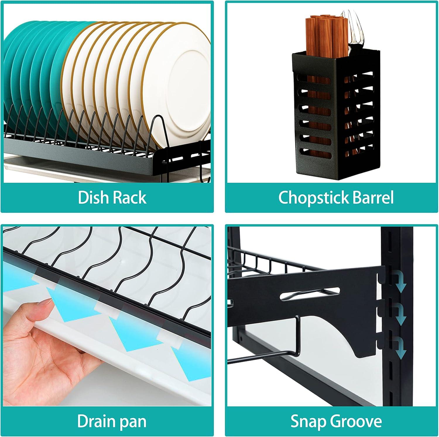 Wall Mounted Stainless Steel Dish Drying Rack Fruit Vegetable Storage Basket with Drainboard and Hanging Chopsticks Cage Knife Holder Kitchen Supplies Shelf Utensils Organizer (2-Tier)