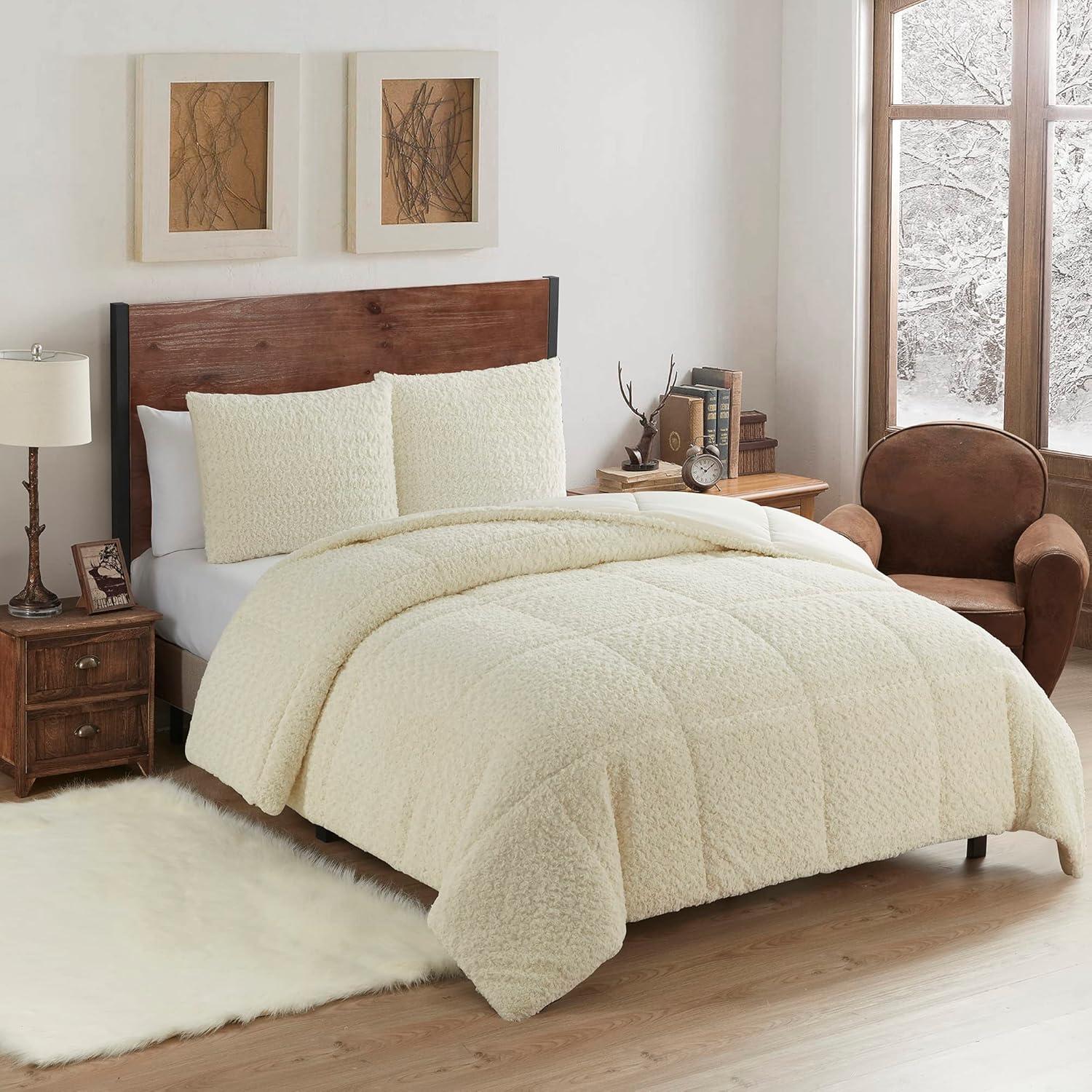 King Cream Faux Fur Reversible Comforter Set