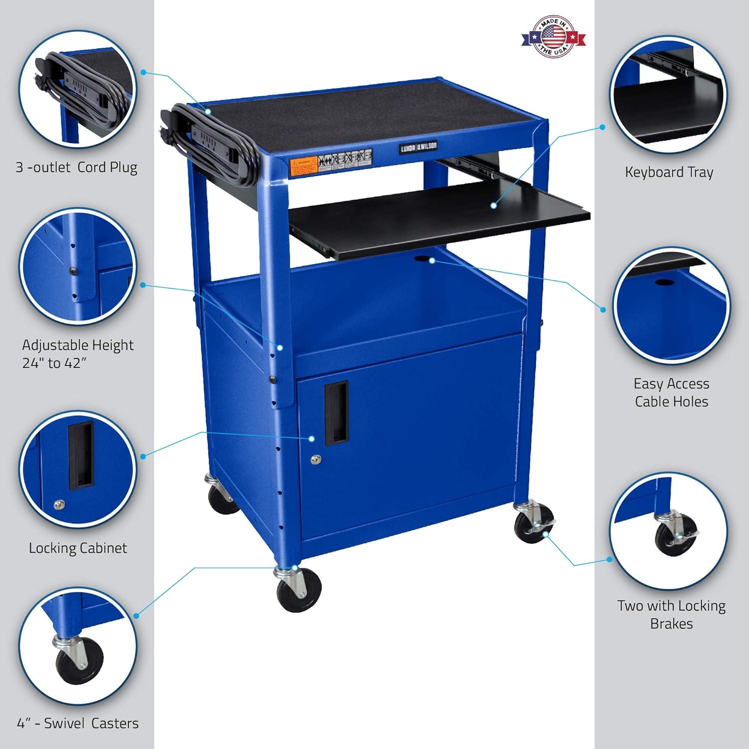 Adjustable Height Blue Metal A/V Cart With Pullout Keyboard Tray And Cabinet