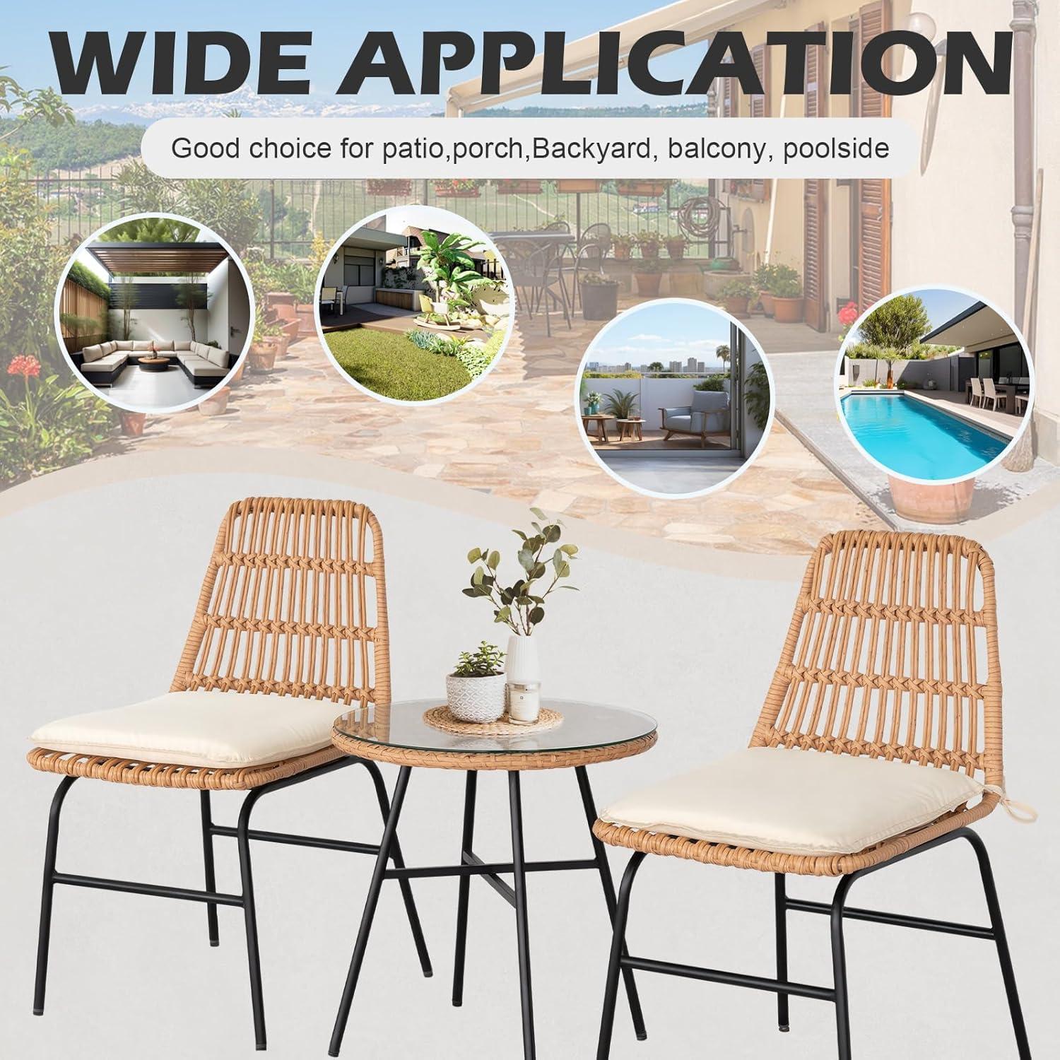 Black Steel and Wicker 3-Piece Patio Bistro Set with Beige Cushions