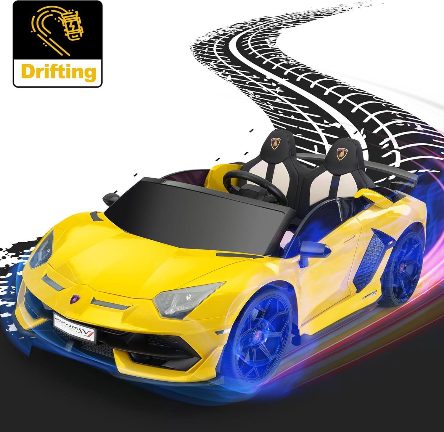 24V Lamborghini 2-seater Battery Powered Ride on with High/Low speed switch, Slow start function, Battery level display, MP3, USB, Light Drift Car for Kids 3-8