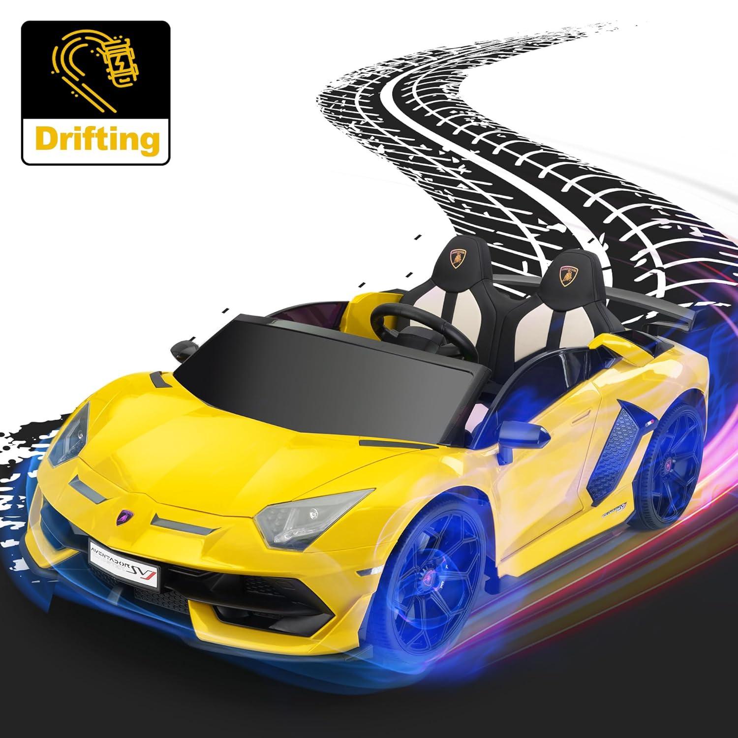 Tobbi 24V Lamborghini 2-seater Battery Powered Ride on with High/Low speed switch, Slow start function, Battery level display, MP3, USB, Light Drift Car for Kids 3-8