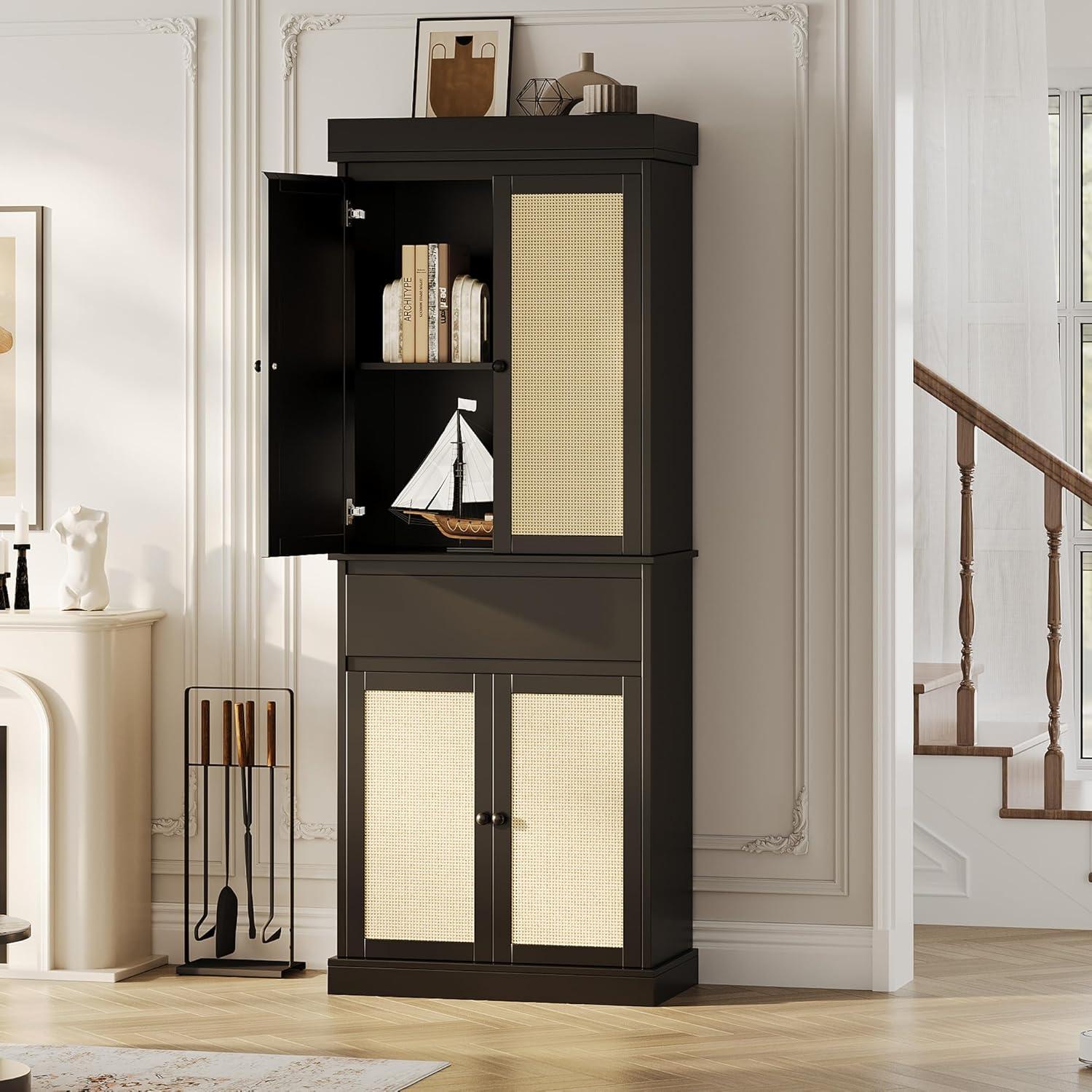 Tall Kitchen Pantry Cabinet 69" Storage Cabinet with Rattan Doors, Drawer and Adjustable Shelves, Cupboard for Bathroom Dining Room, Black