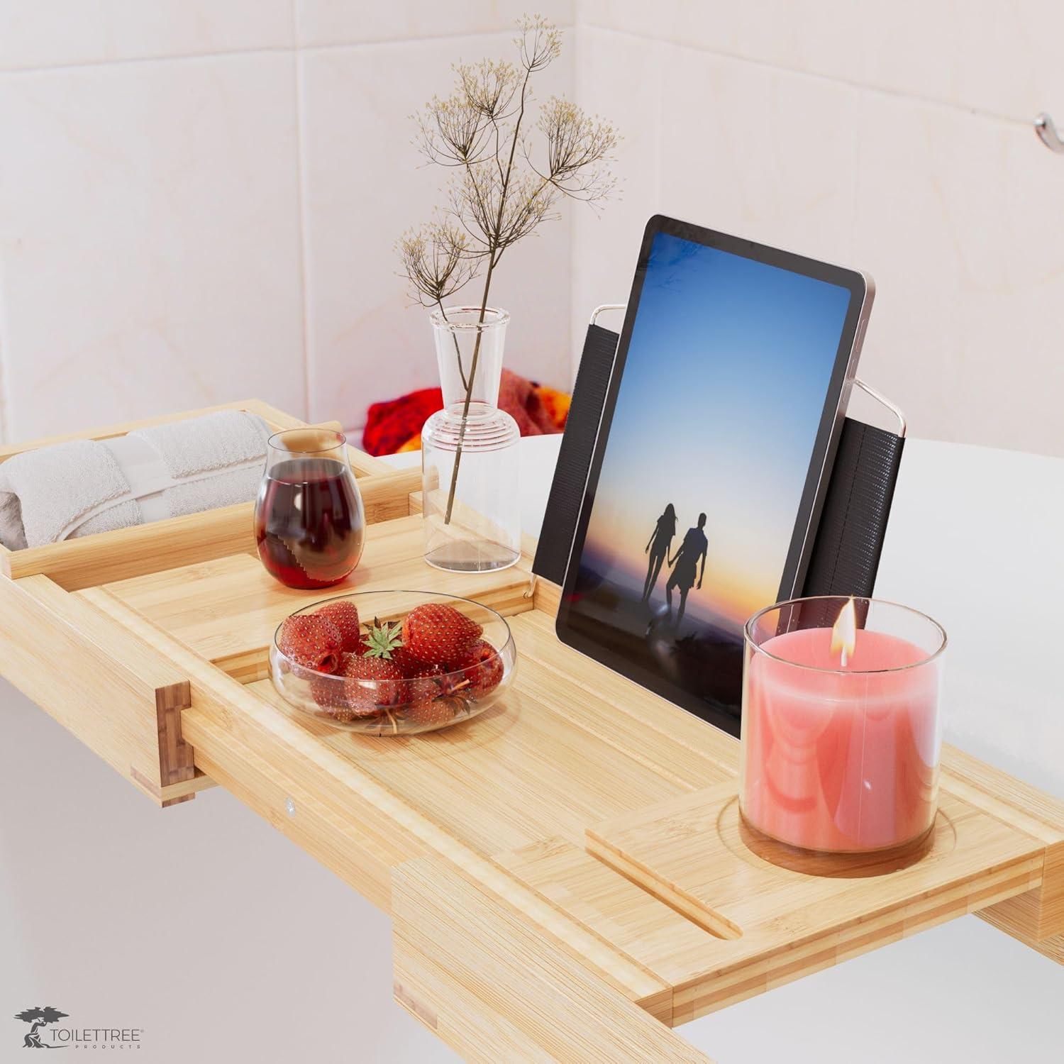 ToiletTree Products Bamboo Bathtub Caddy with Extending Sides and Adjustable Book Holder (Deluxe)
