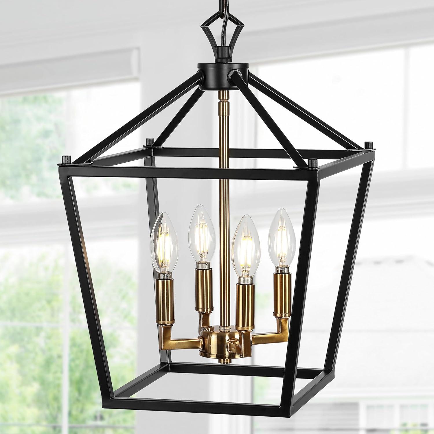 Pagoda 12" 4-Bulb Lantern Metal LED Pendant, Oil Rubbed Bronze/Brass Gold