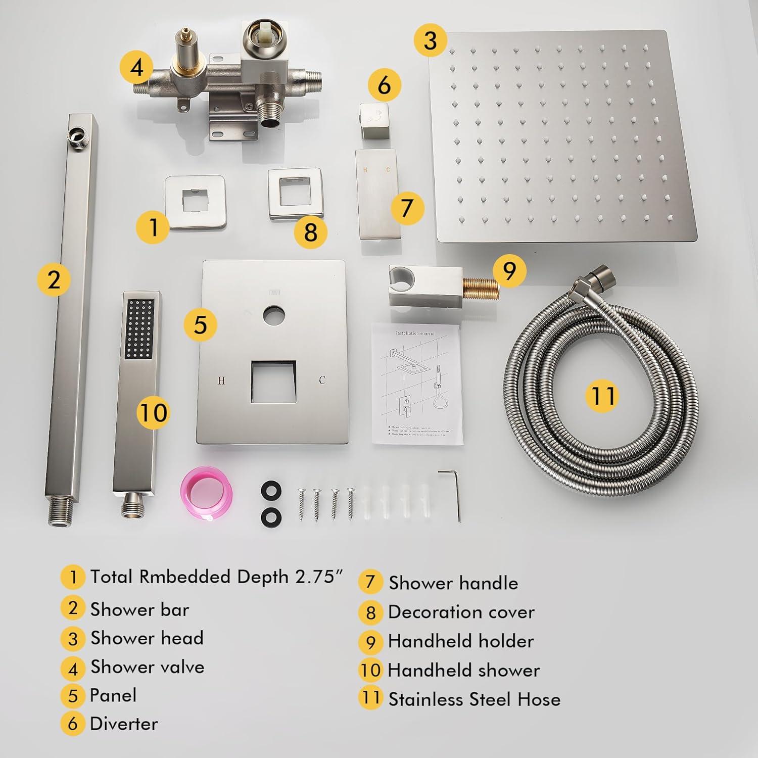 AWZTOO Wall Mounted Shower Faucet With Hand Shower Modern Shower System Set 10 Inch Rainfall Shower Head With Pressure Balance Valve Brushed Nickel