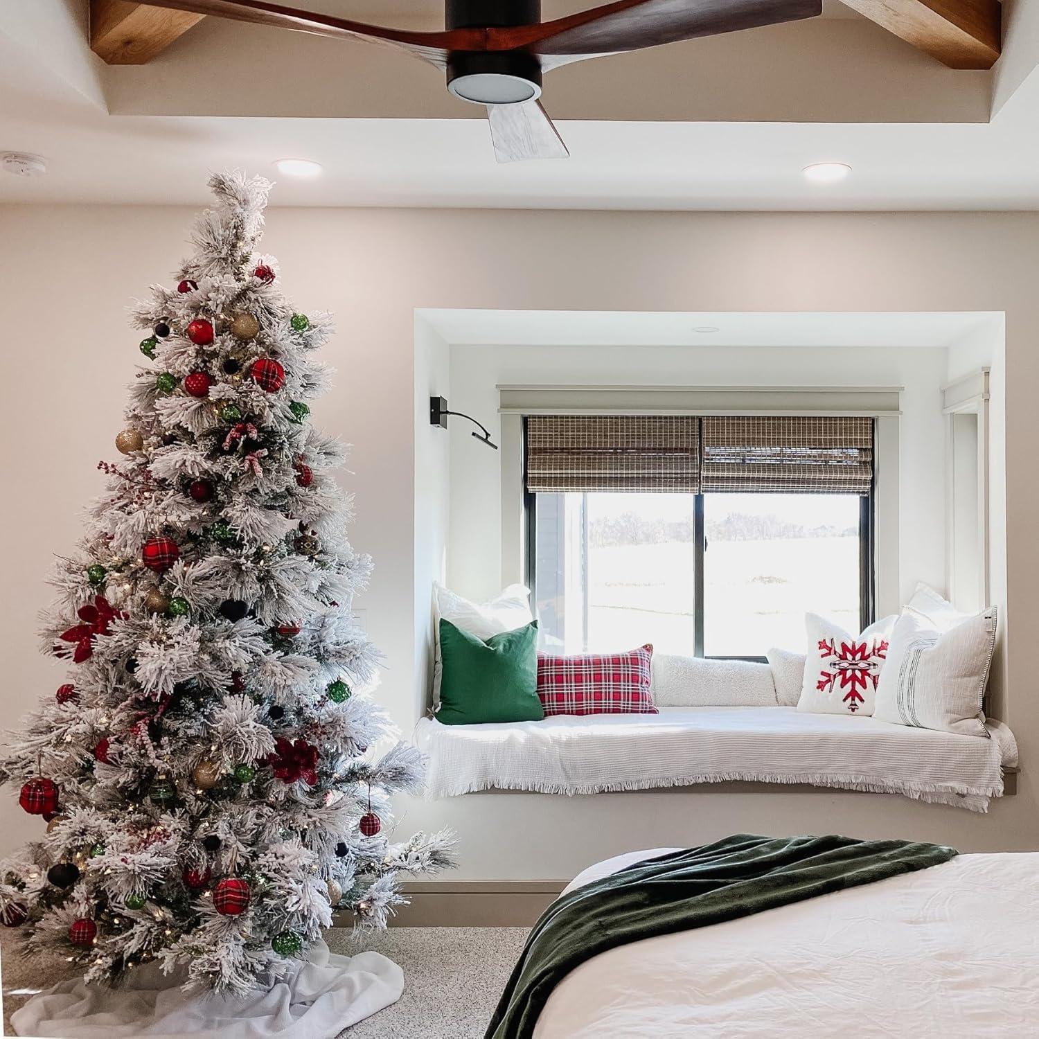 Fraser Hill Farm 6.5-Foot Pre-Lit Snow Flocked Snowy Pine Christmas Tree, Smart Lights