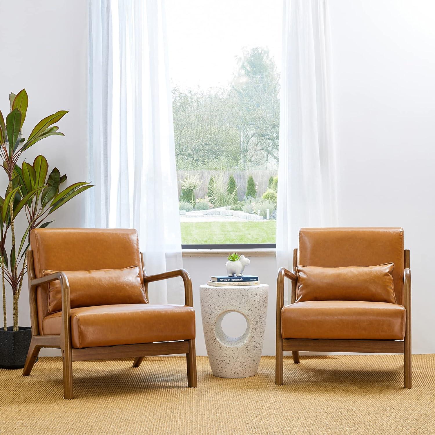 Mid-Century Modern Leatherette Arm Accent Chair Walnut Rubberwood Frame Tan - Glitzhome: Upholstered, Durable, for Office & Home