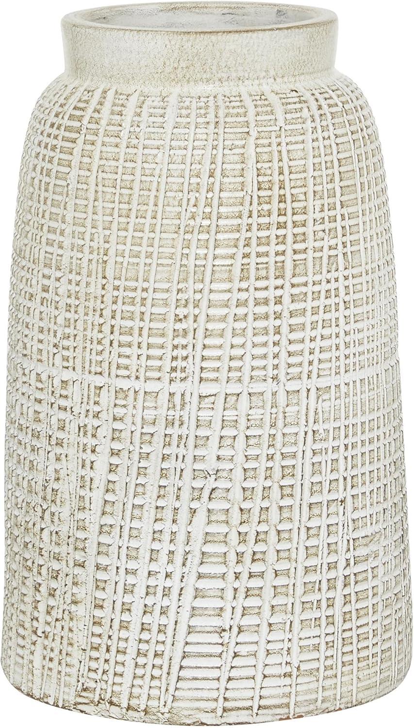 DecMode 11" Carved White Ceramic Vase with Crosshatch Design