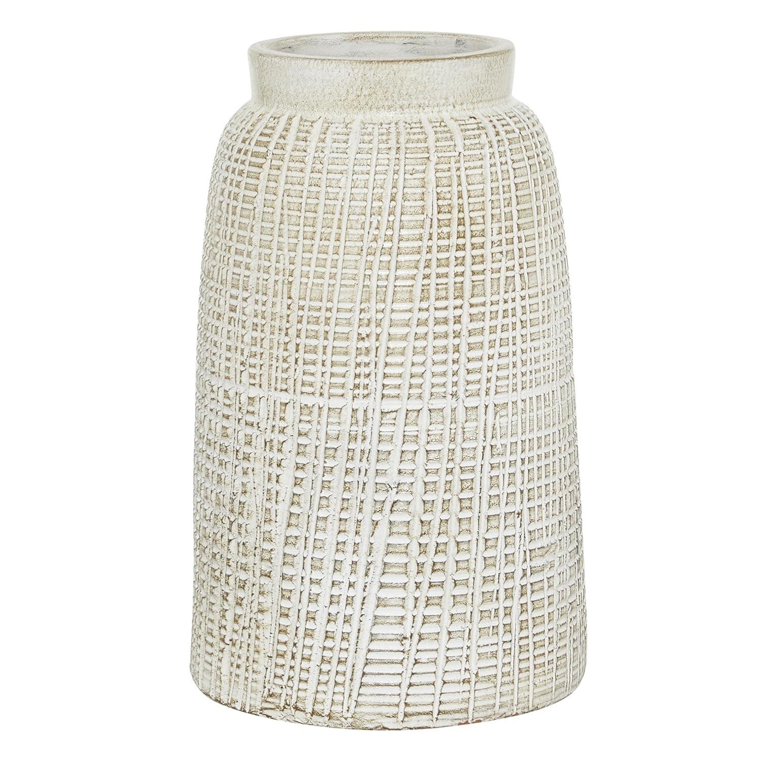 DecMode 11" Carved White Ceramic Vase with Crosshatch Design