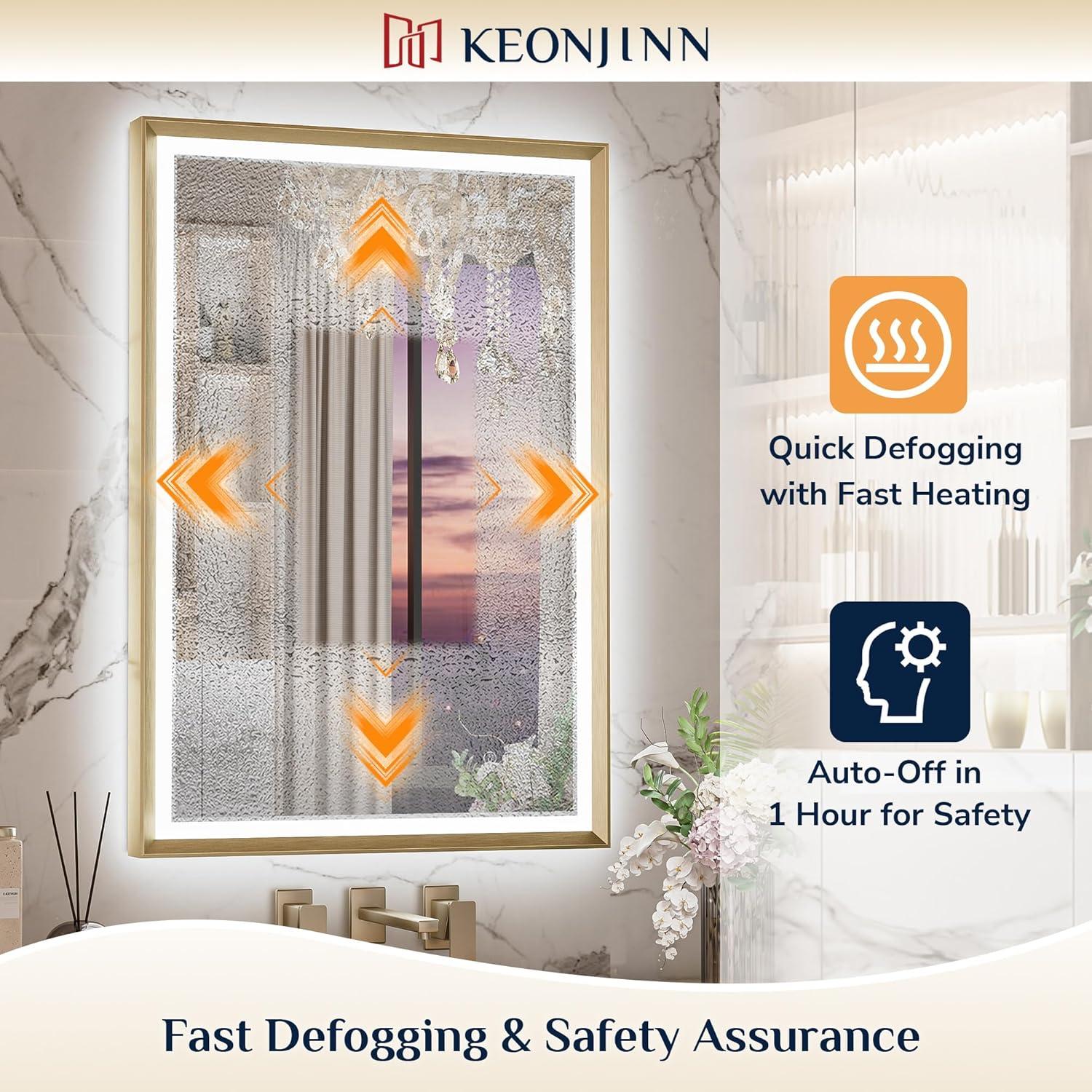 Keonjinn LED Bathroom Vanity Mirror, Front Light & Backlit, 3 Color Temperatures, Anti Fog, Double Lights Strips, 24"x32"