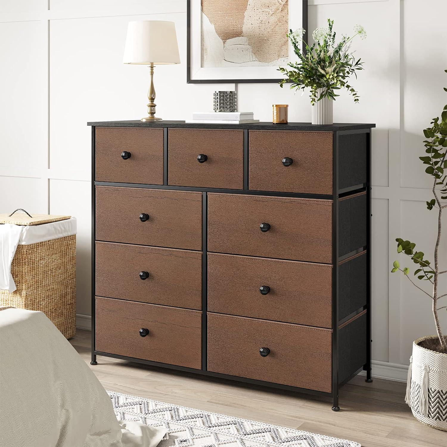 Espresso Steel Frame 9-Drawer Dresser with Waterproof Top and Adjustable Feet