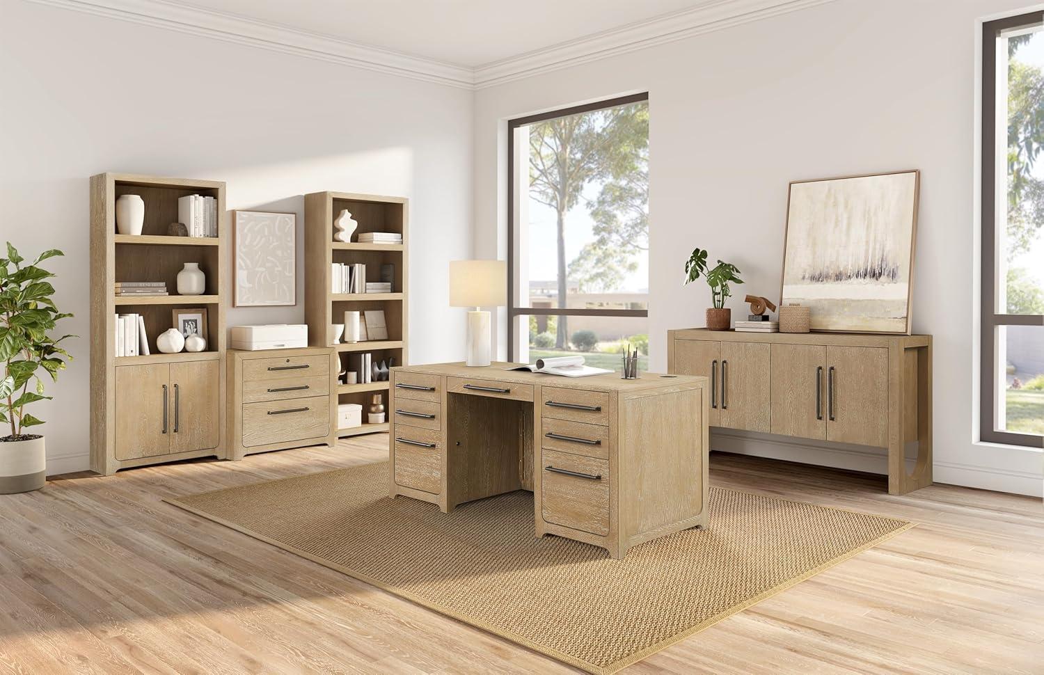 Light Brown Wood Executive Desk with Drawers and Filing Cabinet