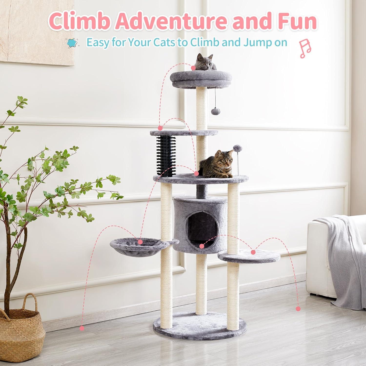 60.2 inch Large Cat Tower with Soft Hammock, 5-Level Tall Cat Condo, Sisal Scratch Posts, Pompoms