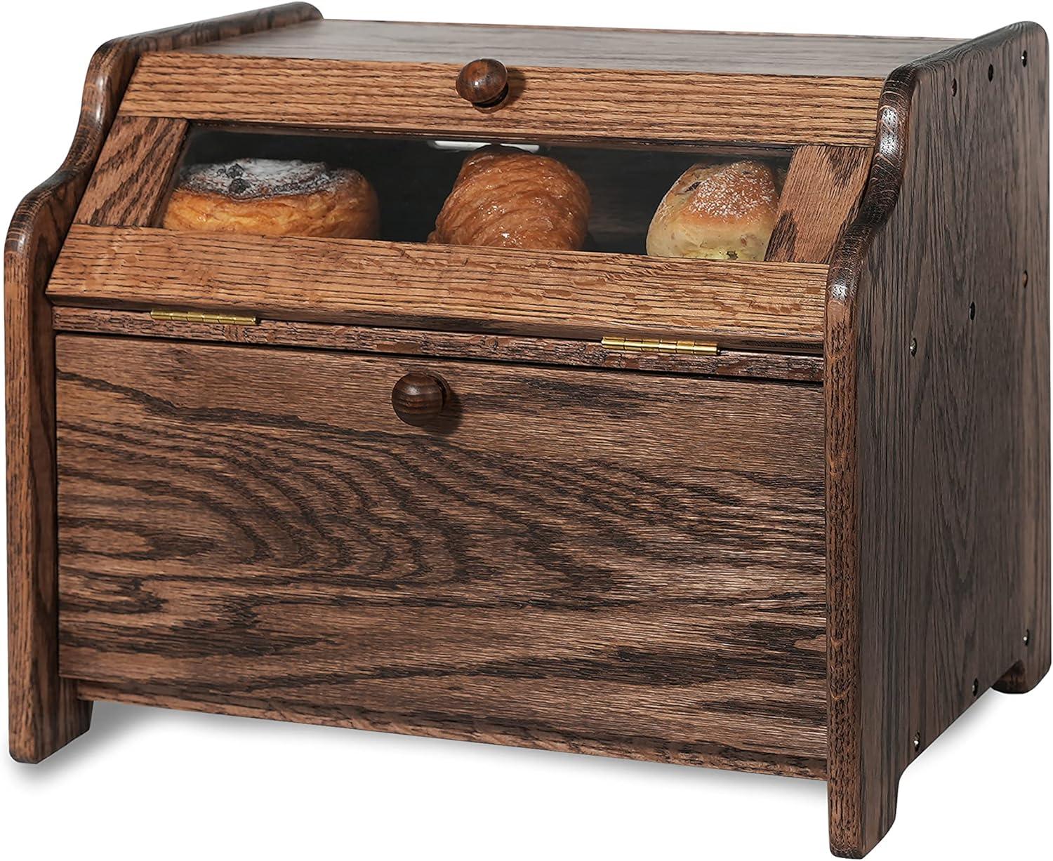 CONSDAN Bread Box, Solid Wood Oak Bread Box with Clear Window, Double Layer Bread Box for Bread Storage, Large Capacity Breadbox for Kitchen Countertop, Chocolate