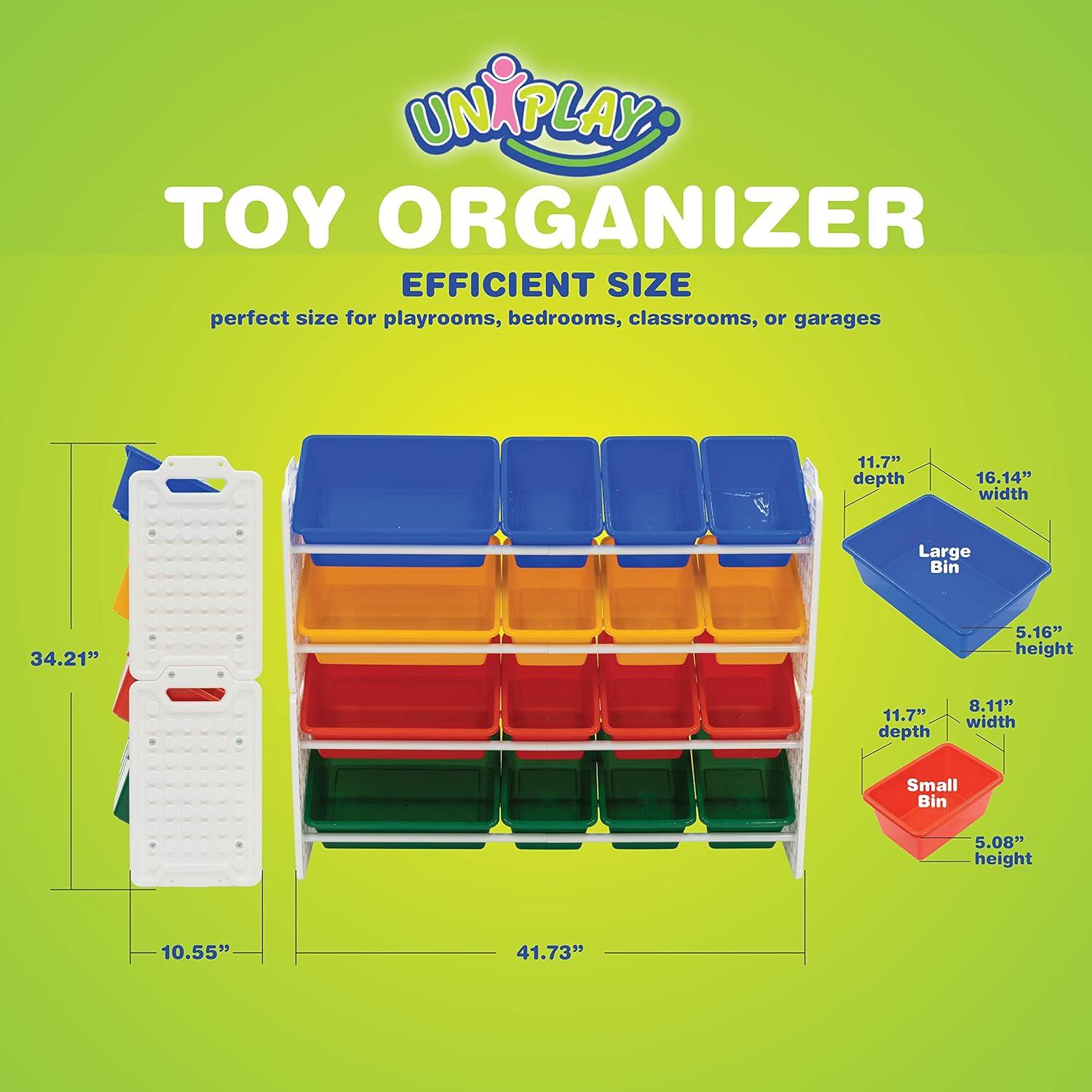 UNiPLAY Toy Organizer With 16 Removable Storage Bins, Multi-Bin Organizer for Books, Building Blocks, School Materials, Toys with Baseplate Board Frame (Primary)