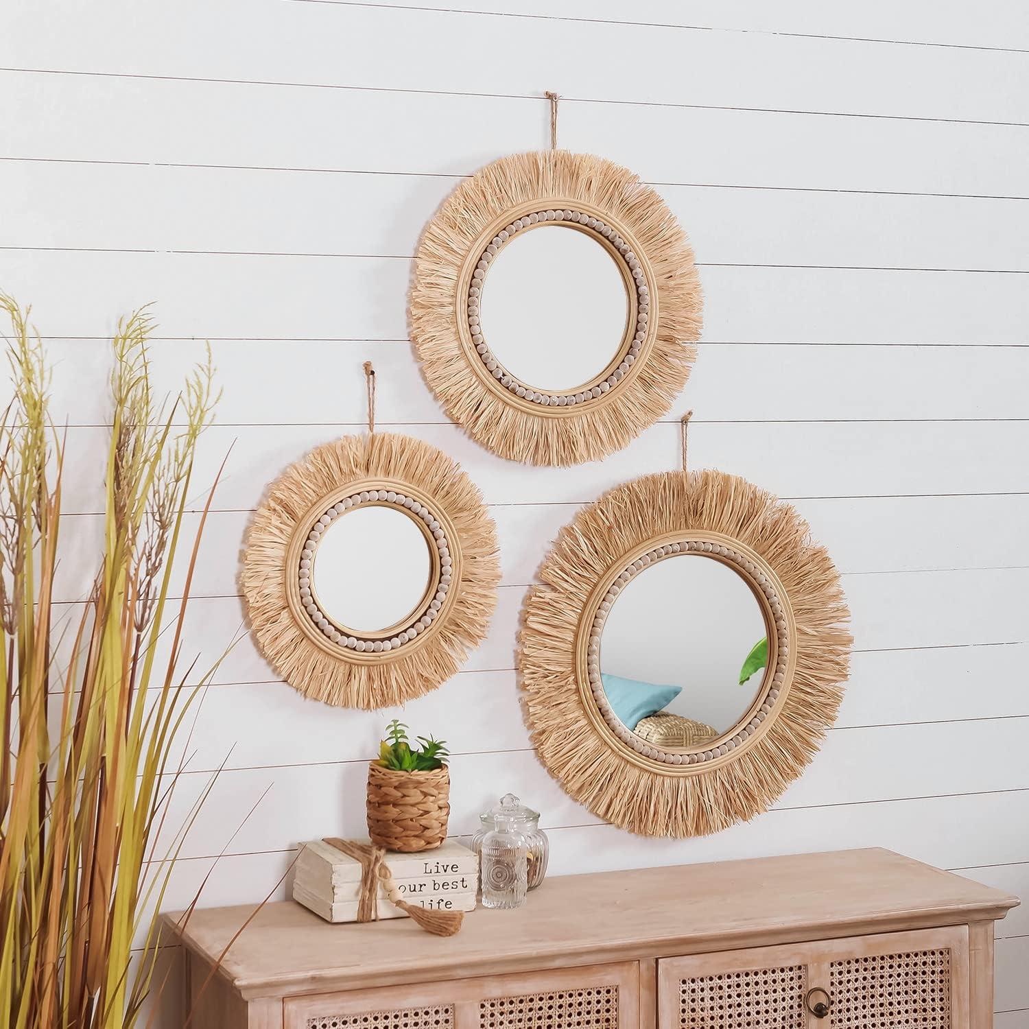 Natural Raffia and Bead Round Wall Mirrors Set