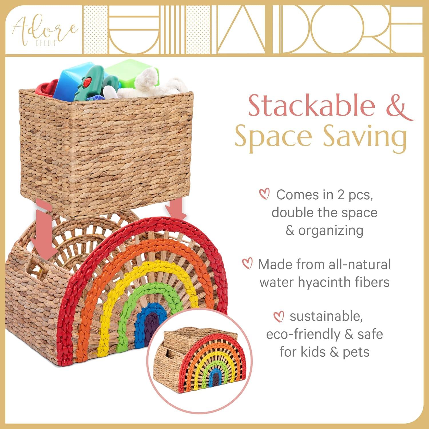 Adore Decor Dorothy Rainbow Wicker Basket (2 Pieces), Large and Medium Size Storage, Handwoven Water Hyacinth