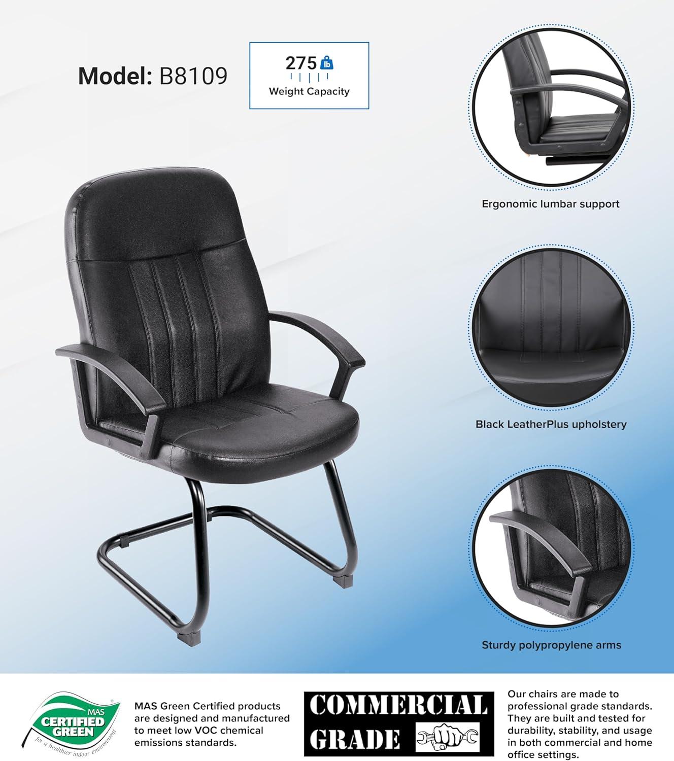 Executive Leather Budget Guest Chair Black - Boss Office Products: Metal Frame, Padded, Fixed Arms, Spot Clean