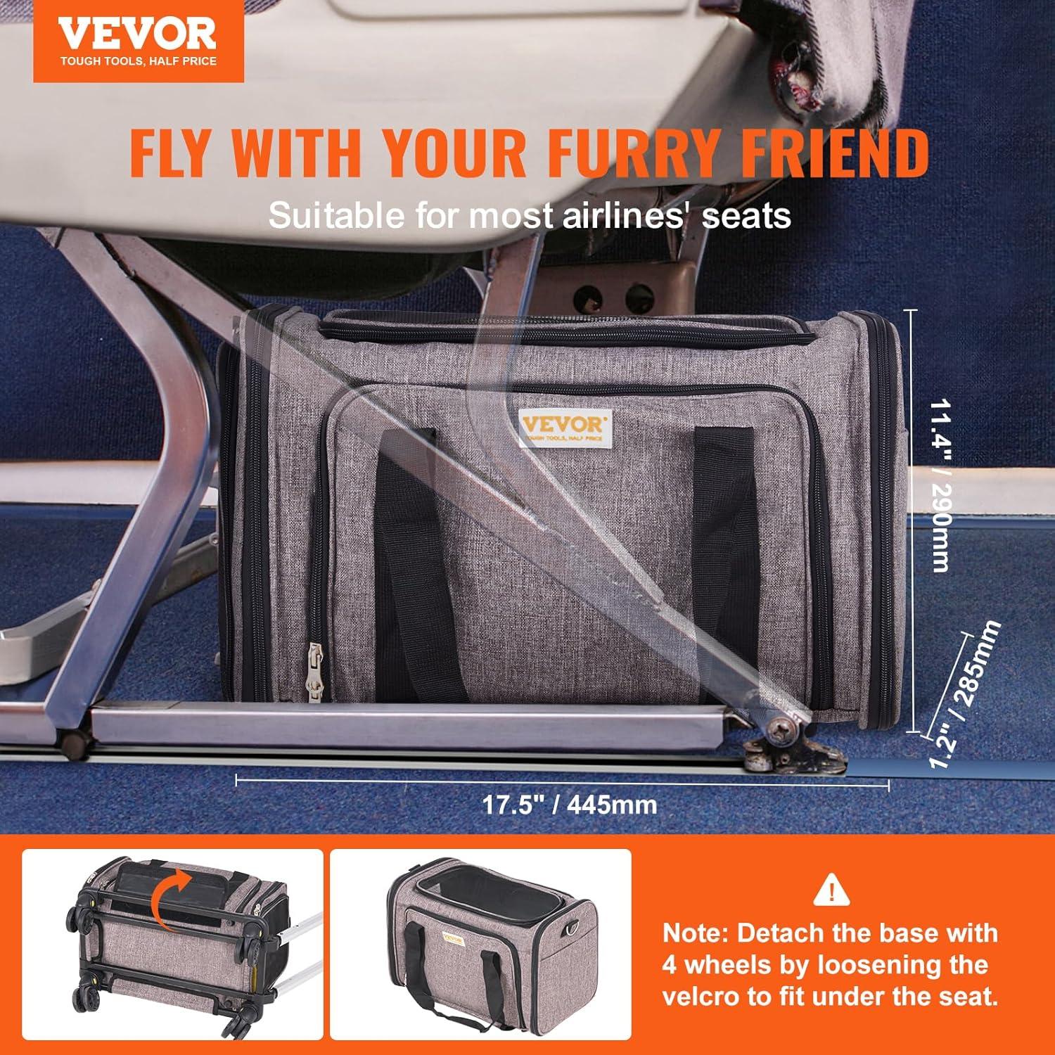 VEVOR Cat Carrier with Wheels Rolling Pet Carrier with Telescopic Handle and Shoulder Strap 0-25LBS