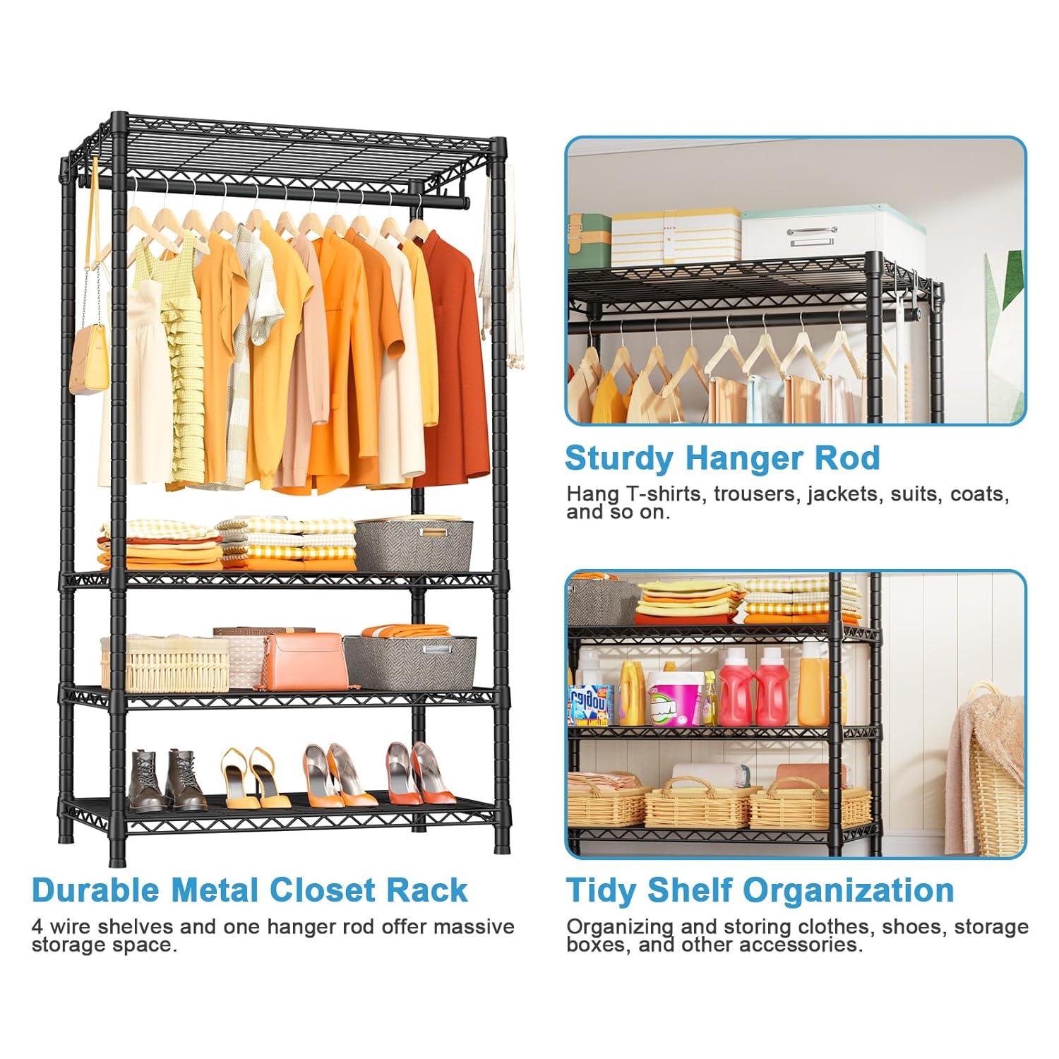 Ulif H4 Portable Closets, 4-Tier Metal Clothes Garment Rack for Bedroom and Cloakroom, Clothing Closet Storage and Organizer Wardrobe, 35.4" W x 14" D x 76.4" H, Black