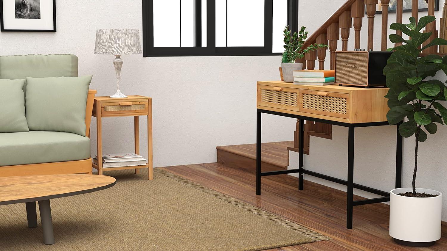 Natural Brown Wood and Metal Console Table with Storage