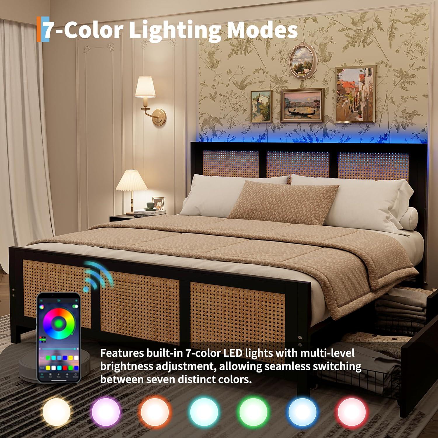 Garvee Rattan Bed Frame with Headboard, Full Bed Frame with Strong Metal Slats Support, Noise-Free Design, No Box Spring Needed, Black