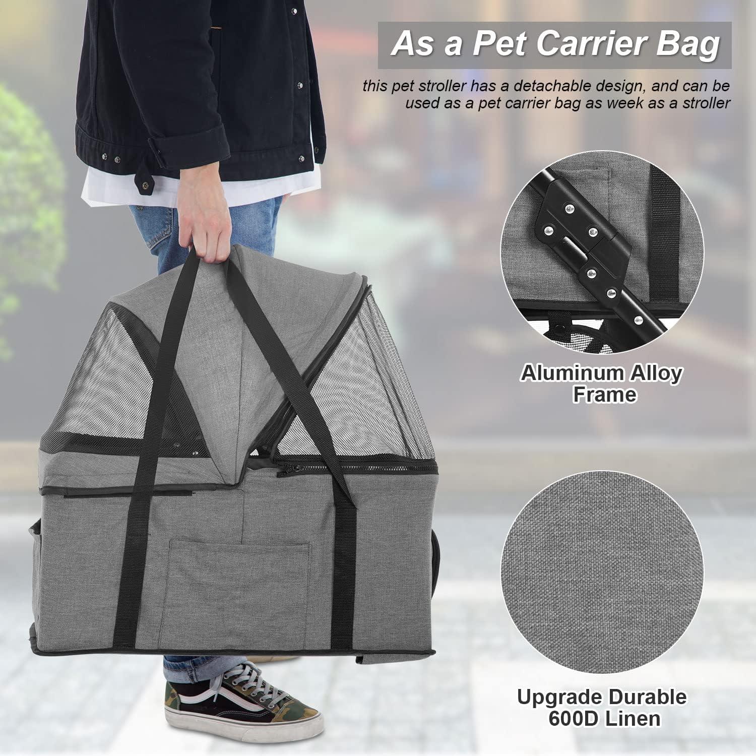 Gray 3-in-1 Multifunction Pet Stroller with Detachable Carrier