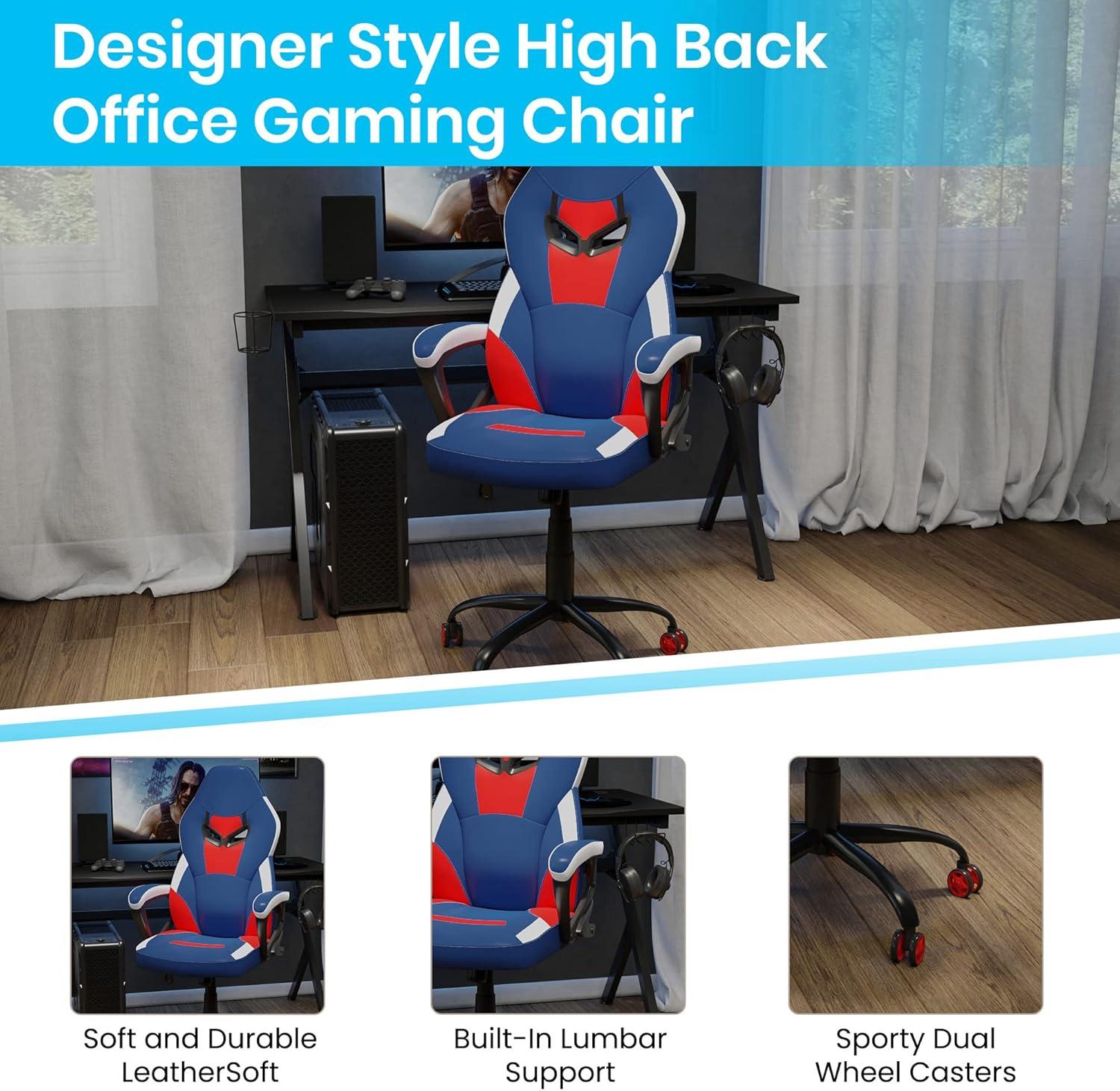 Flash Furniture Ergonomic PC Office Computer Chair - Adjustable Red & Blue Designer Gaming Chair - 360° Swivel - Red Dual Wheel Casters