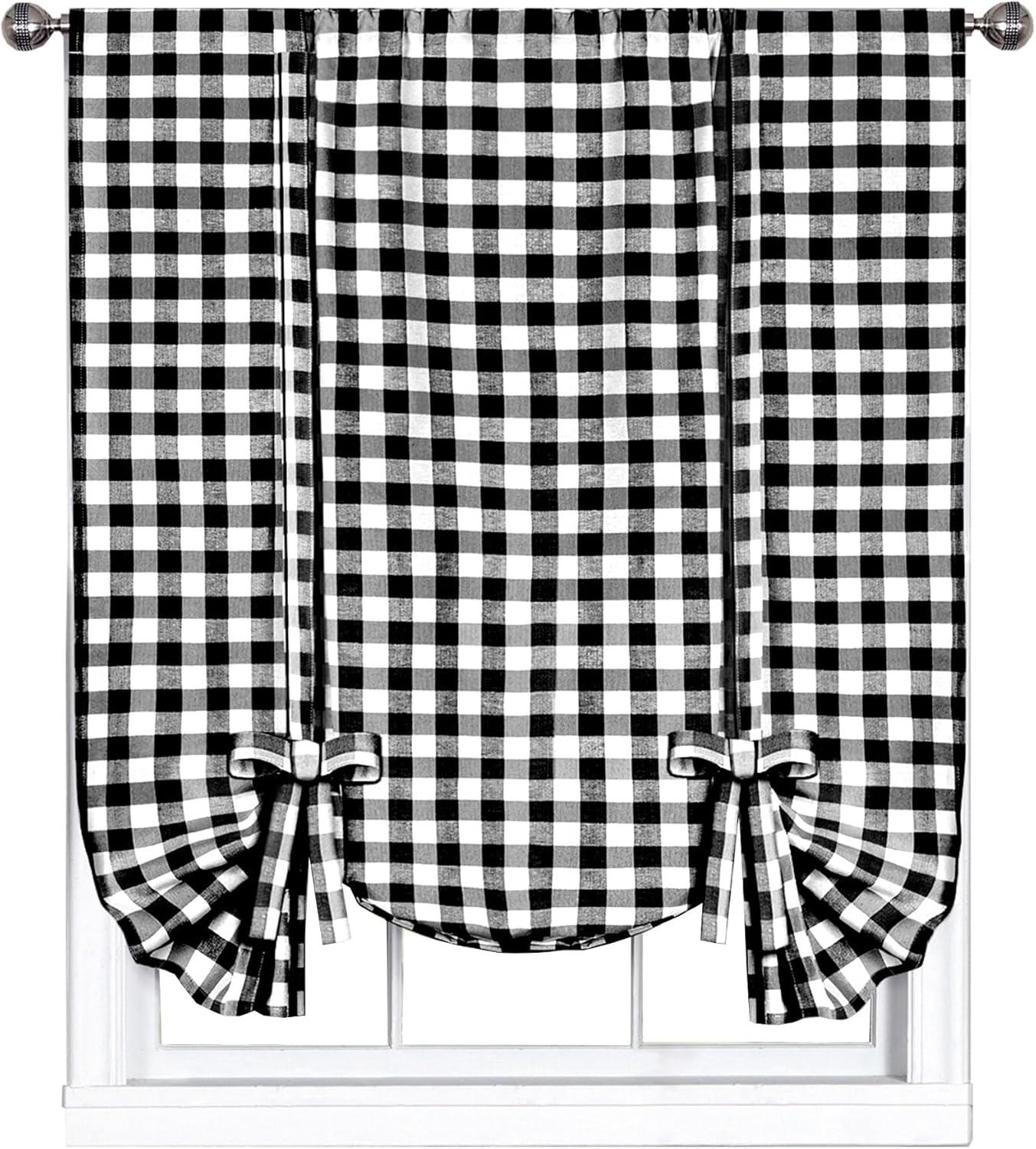 Achim Buffalo Check Window Curtain Tie Up Shade, 42" x 63", Black