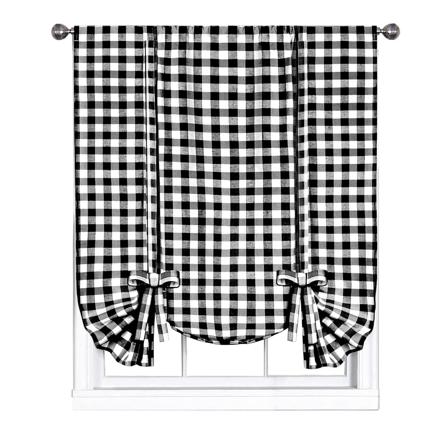 Achim Buffalo Check Window Curtain Tie Up Shade, 42" x 63", Black